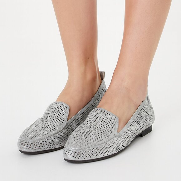 Crown Vintage Silver Gray Flats Loafers Veneta Leather Laser Cut Size 10 - Picture 1 of 9